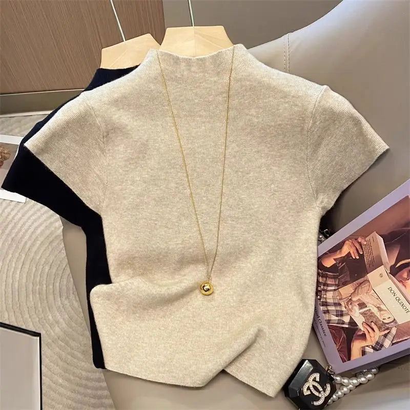 Elegant Turtleneck T-Shirts Women 2026 Spring Summer Sexy Top Sheer Slim Fit Pullover Causal Shirt Female Streetwear Basics Tees