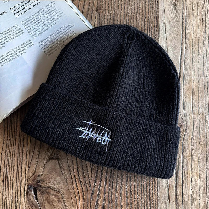 Embroidered Letter Beanie - Soft Warm Knit Hat for Men & Women, Stretchable Slouchy Cap for Casual & Travel
