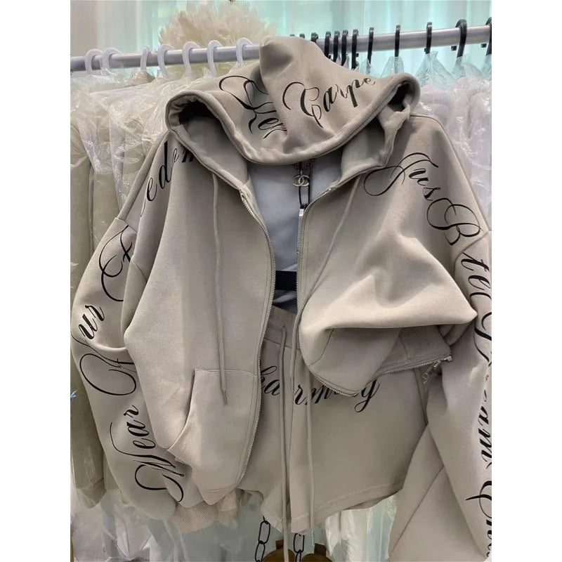 Vintage High Street Hooded Sweatshirt Jacket Shorts Two-Piece Set Women Outfit Shorts Sets Long-Sleeve Jacket Spring Autumn Suit