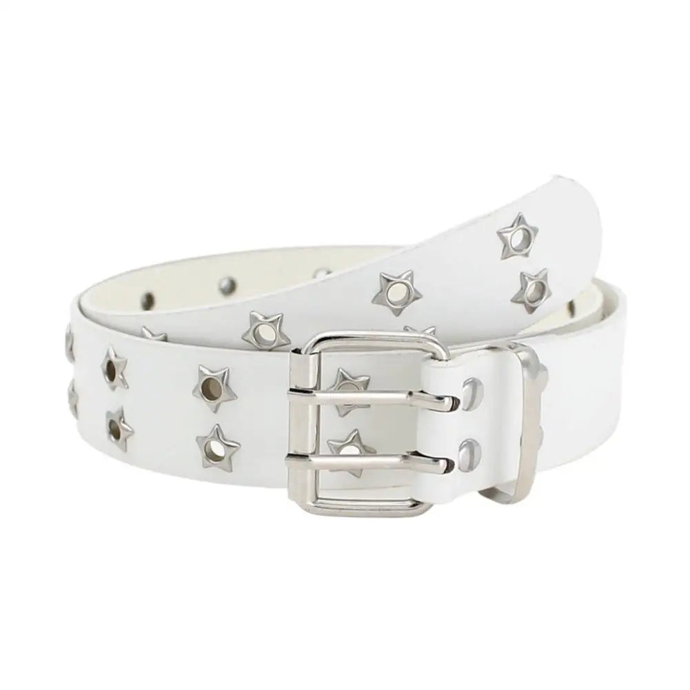 Y2K Punk Rivet Leather Belts Star PU Black White Waist Strap Double Row Hollow For Jeans Skirt Decor Gothic Waistband