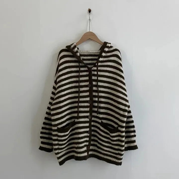 Fall Retro Women's Knitted Sweater Coat Faionable Striped Lazy Sle Hood Single Button Zipper Design Sense Top Warmth