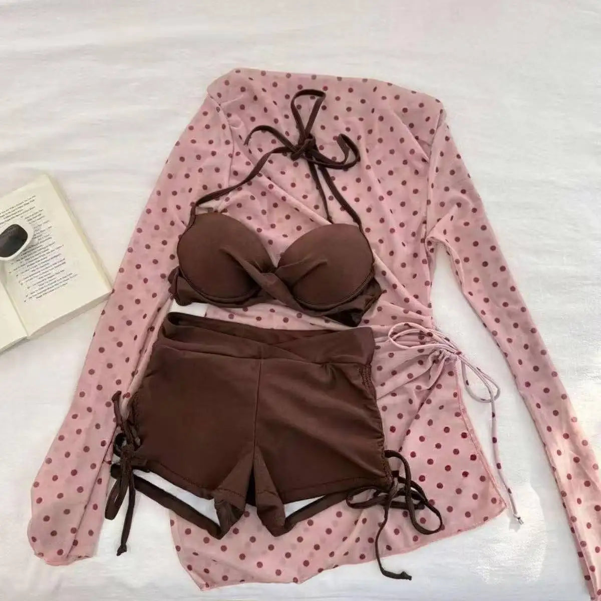 Y2K Korean Cute Two Piece Swimsuit Women Print Ruffle Halter Bikini with Mini Skirt Beach Vacation
