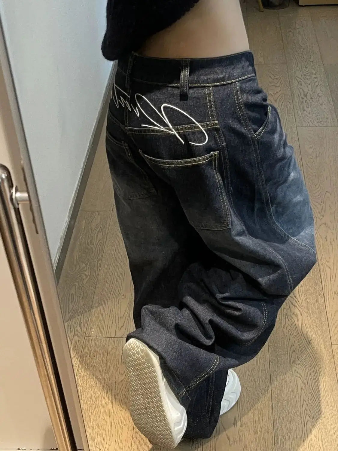 Black Womens Jeans High Waist Vintage Design Hip Hop Straight Baggy Denim Pants Street Y2K American Style Wide Leg Denim Trouser