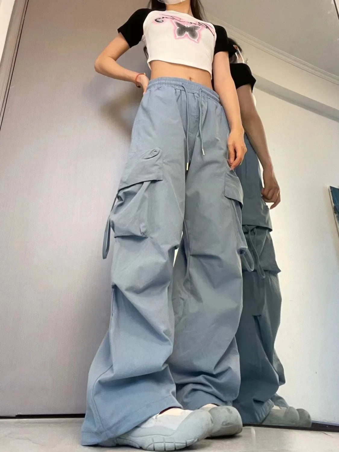 Women Y2K Cargo Pants High Waist Streetwear Hip Hop Trousers Female Big Pockets Casual Low Waist Drawstring Baggy Sweatpants