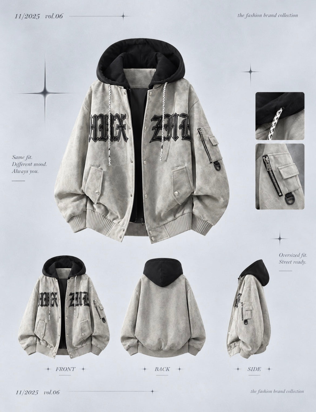 Glm American Style Hooded Jacket  Letter Embroidery Workwear Men's Autumn Outerwear Warm Polyester Fiber Straight Hem
