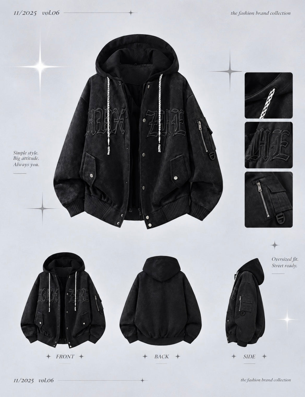 Glm American Style Hooded Jacket  Letter Embroidery Workwear Men's Autumn Outerwear Warm Polyester Fiber Straight Hem