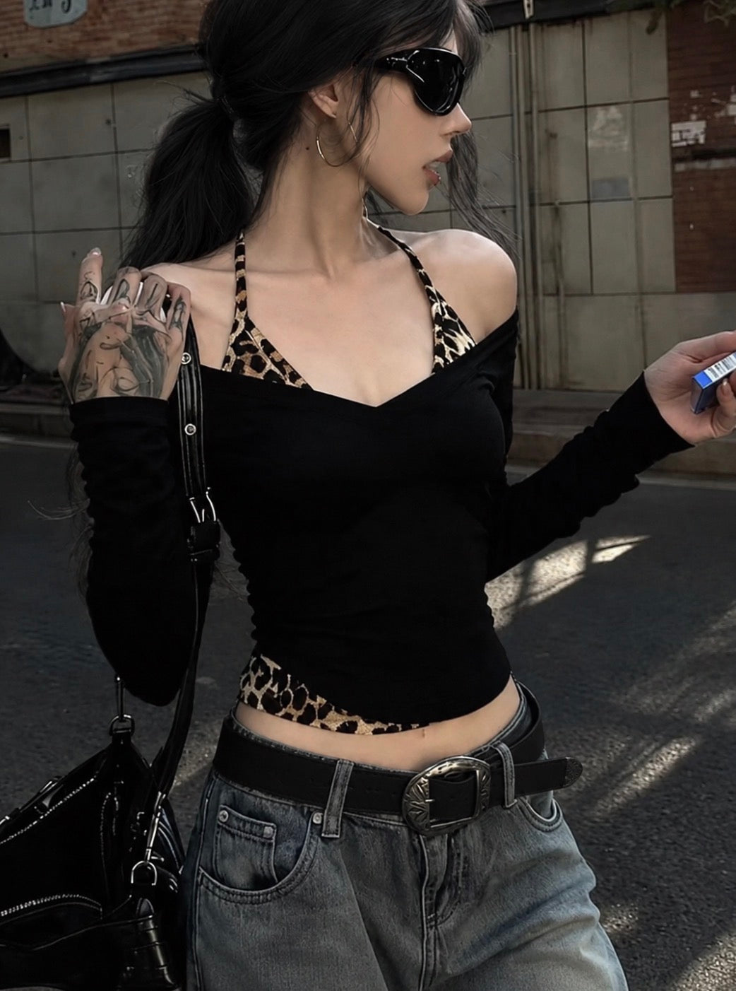 Women T Shirts Leopard Printed Patchwork Slash Neck Halter Long Sleeve Slim Sexy Crop Tops Y2k Aesthetic Grunge