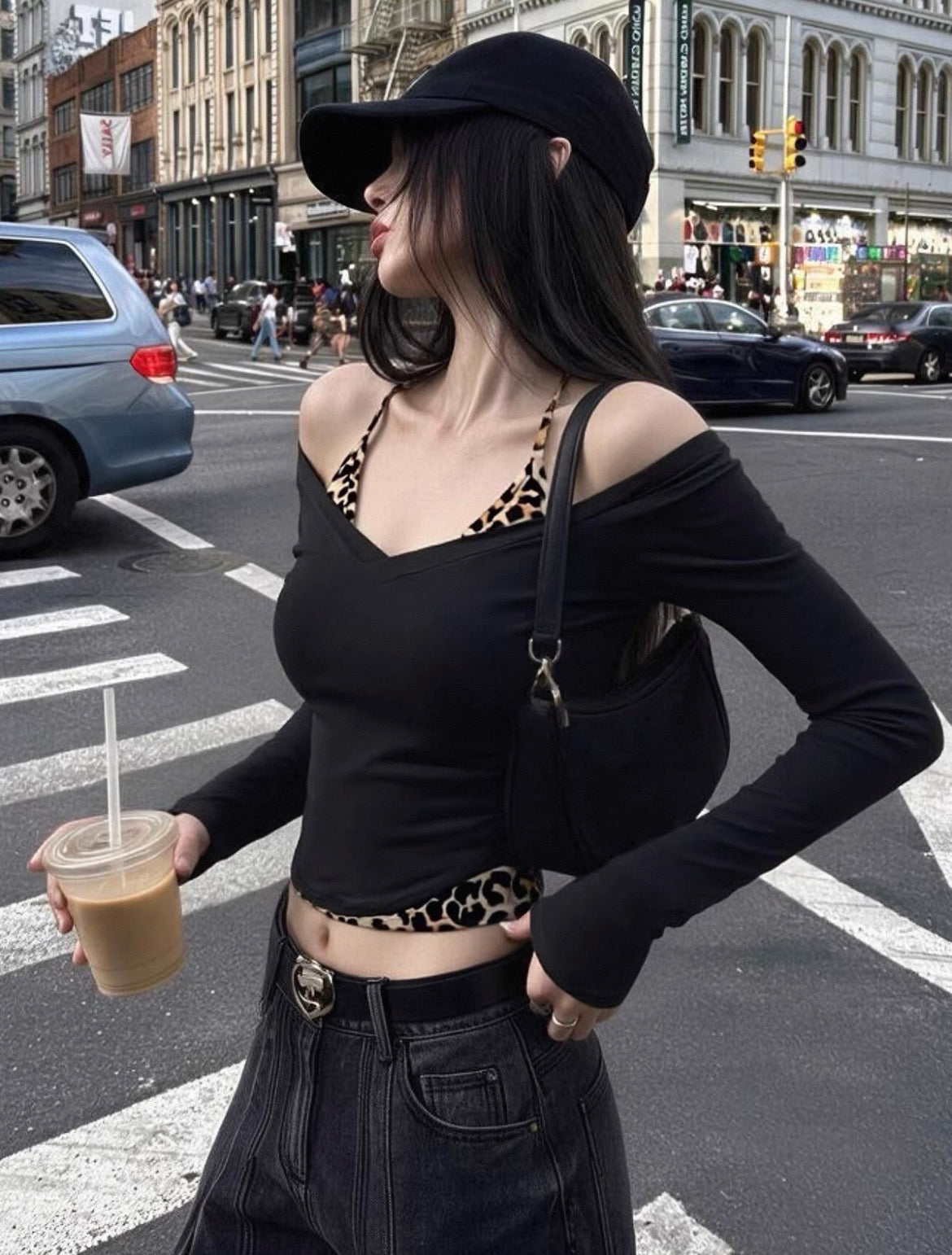 Women T Shirts Leopard Printed Patchwork Slash Neck Halter Long Sleeve Slim Sexy Crop Tops Y2k Aesthetic Grunge