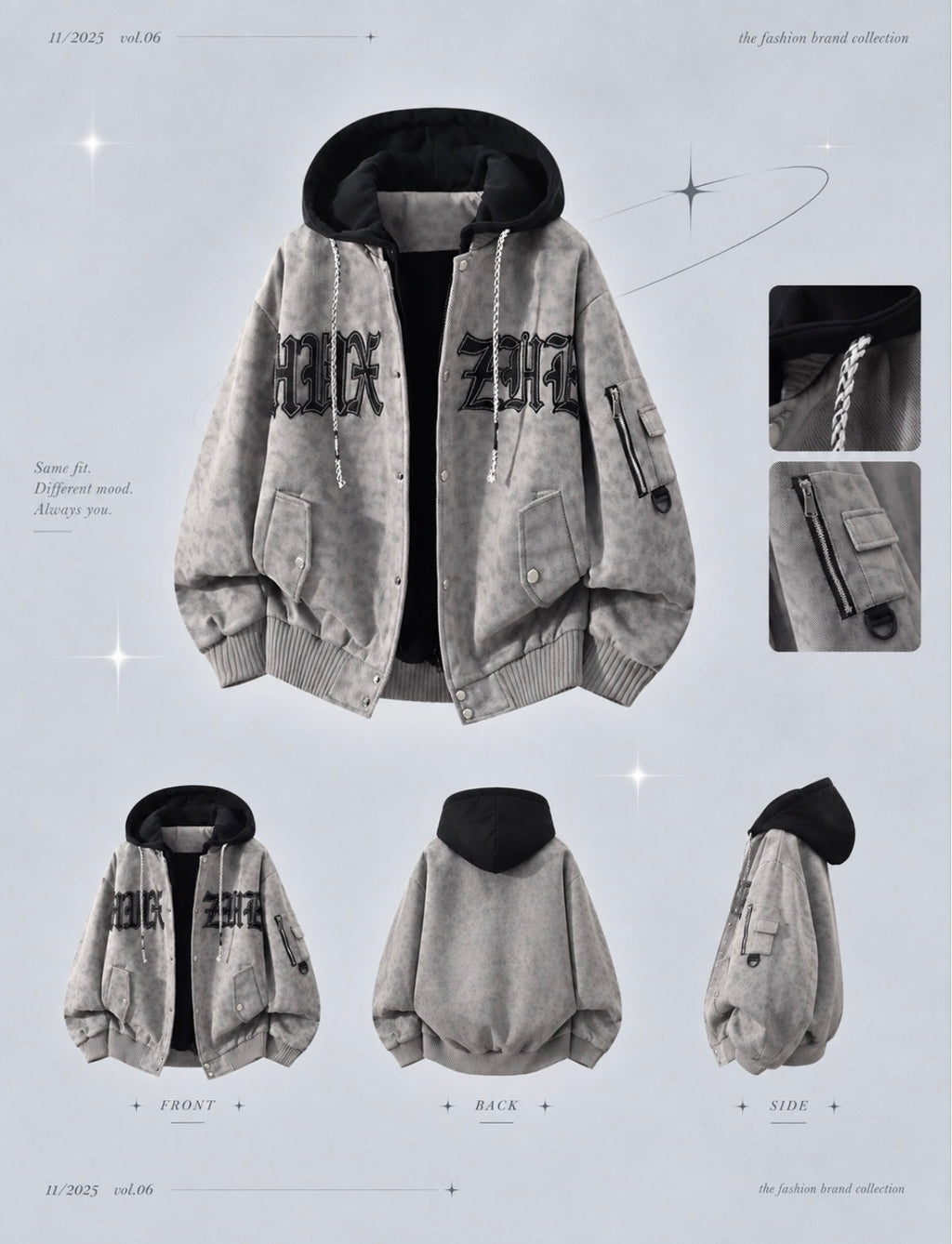 Glm American Style Hooded Jacket  Letter Embroidery Workwear Men's Autumn Outerwear Warm Polyester Fiber Straight Hem