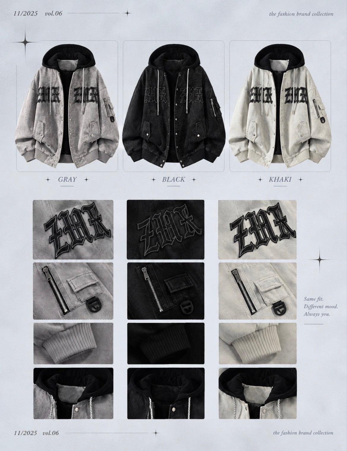 Glm American Style Hooded Jacket  Letter Embroidery Workwear Men's Autumn Outerwear Warm Polyester Fiber Straight Hem