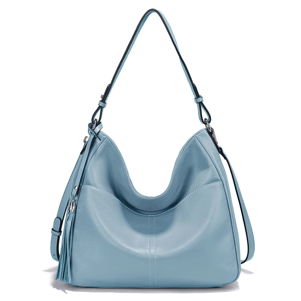 Zency Elegant Beige Tassel Hobo Bag Soft Leather Women's Shoulder Bag 2025 New Handbag Long Strap Crossbody 8 Color Shopper