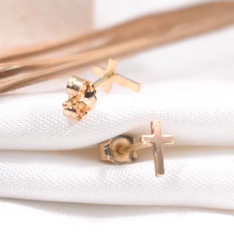 14K Gold Filled 6.5MM Cross Earrings Minimalism Jewelry Gold Filled Stud Earrings Brincos Pendientes Oorbellen Earrings