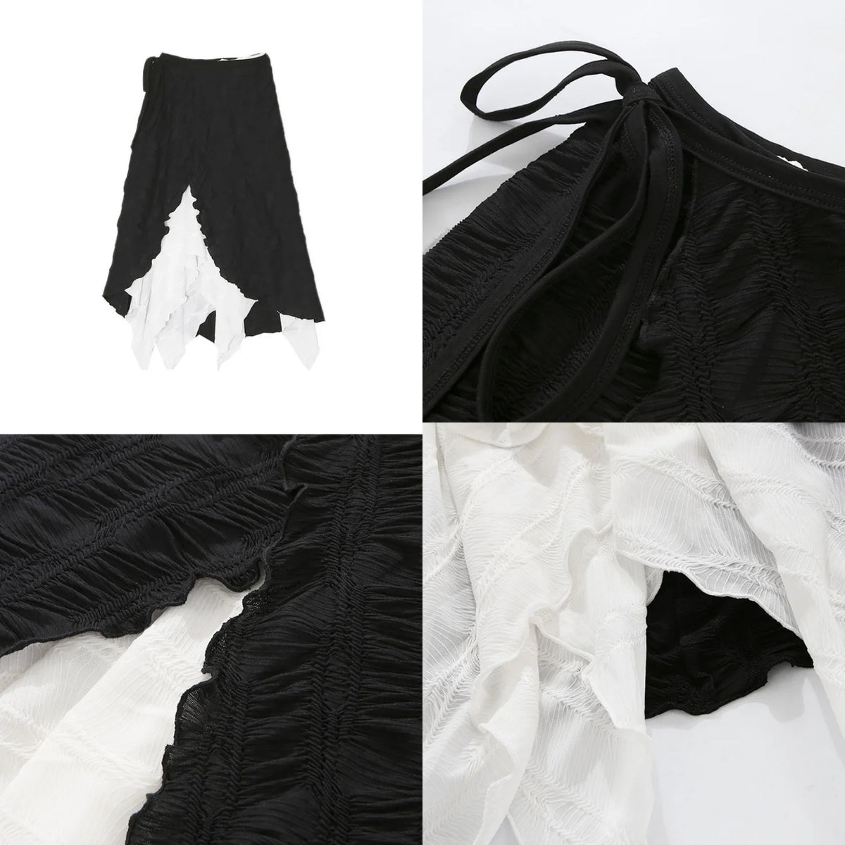 Y2k Mid-Long Skirts Irregular Spliced Streetwear Vintage Design Black White Contrasting High Waisted Asymmetrical Mesh Long Skir