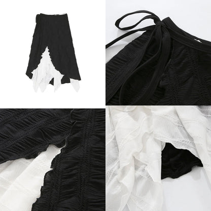 Y2k Mid-Long Skirts Irregular Spliced Streetwear Vintage Design Black White Contrasting High Waisted Asymmetrical Mesh Long Skir
