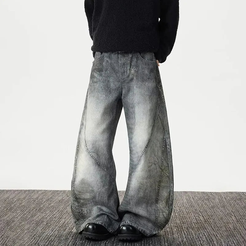 Spring And Autumn Vintage Smoke Grey Curved Knife Jeans For Men Casual Loose Straight Leg Pants Flared Pants Pants