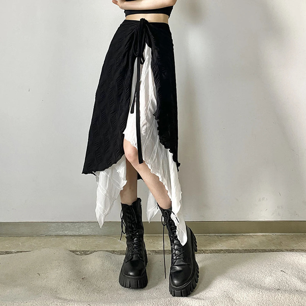 Y2k Mid-Long Skirts Irregular Spliced Streetwear Vintage Design Black White Contrasting High Waisted Asymmetrical Mesh Long Skir