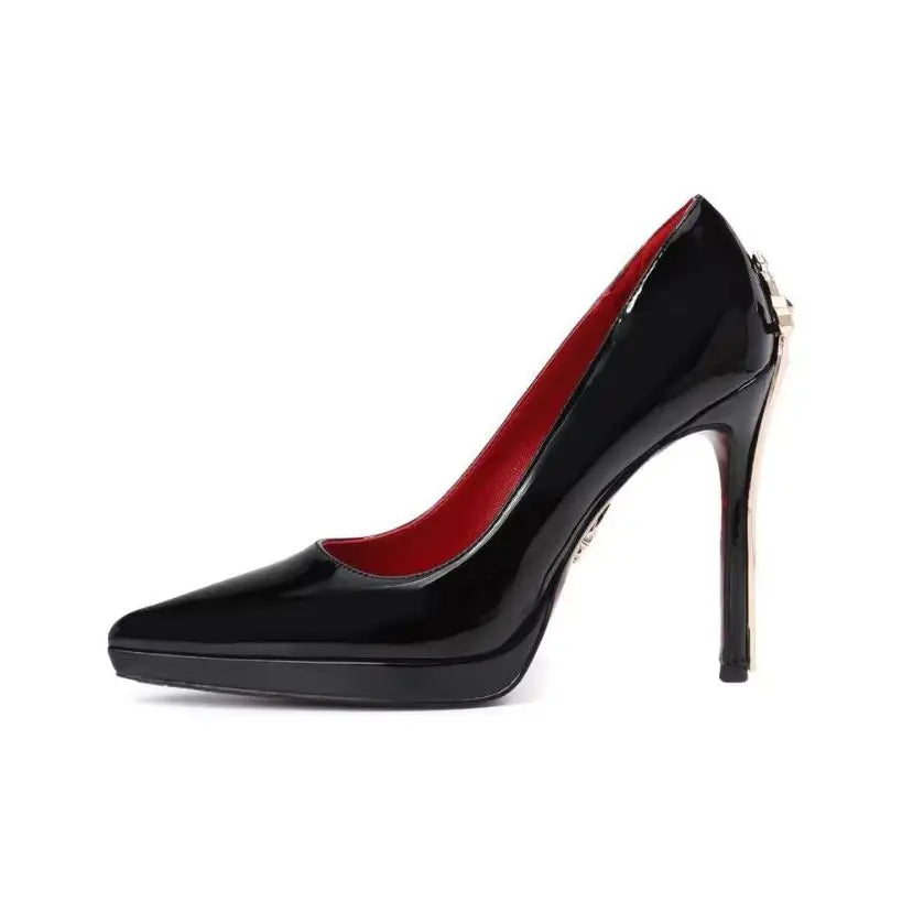Women's Metal Sword Pointed Toe High Heels Real Leather Pumps Shallow Mouth Single Shoes Spring Sexy Stiletto Runway Footwear