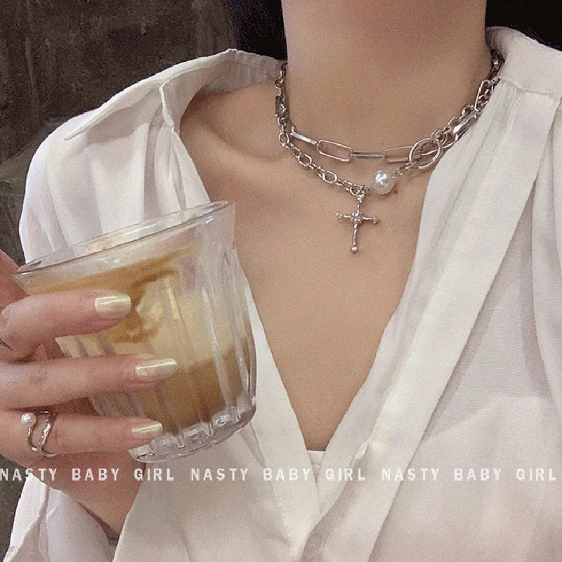 Chain Around The Neck Cross Necklace for Women Pendant Vintage Multilayer Fashion Jewelry Hip-Hop Gothic Style Clavicle Chokers