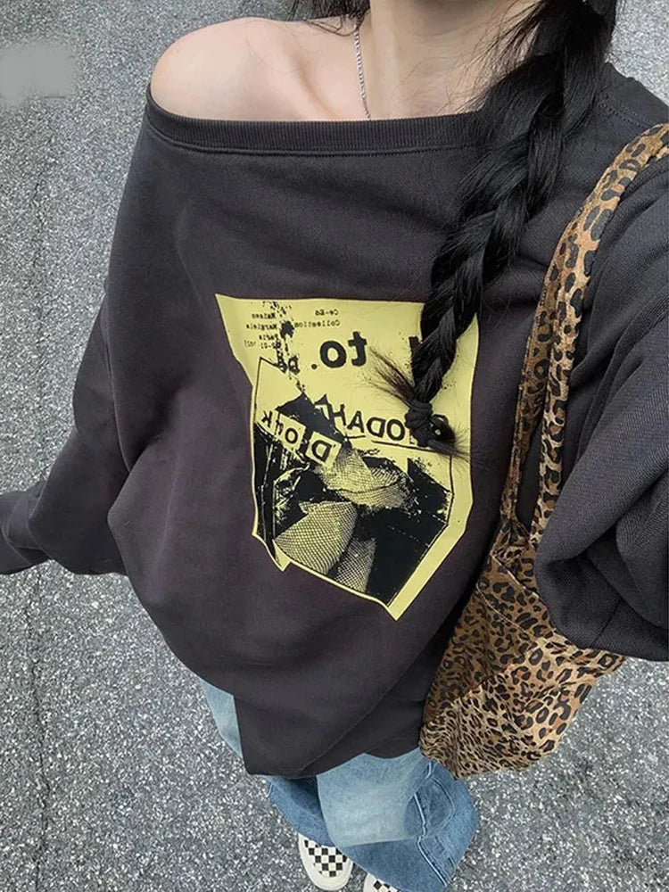 Pure Cotton Print Streetwear Sweatshirt Women Loose Vintage Long Sleeve Harajuku Pullover Retro Oversize American O Neck Tops