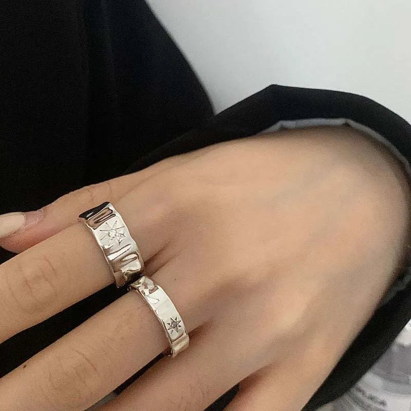 2pcs Y2K Shiny Star Opened Rings for Men Women Punk Hiphop Silver Color Star Zircon Couple Rings Party Jewelry Gifts