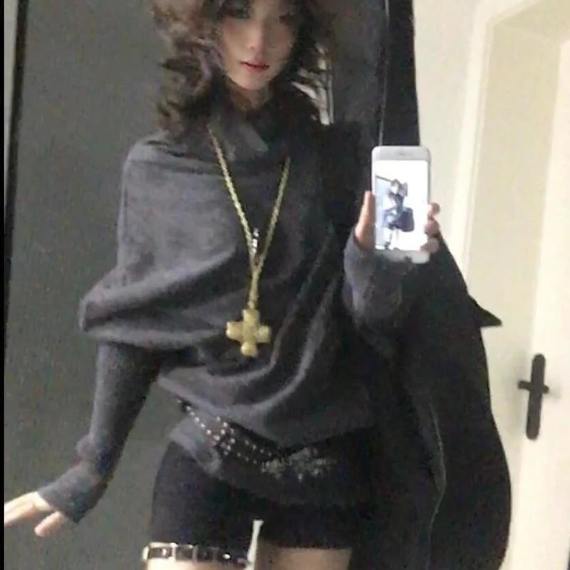 Y2k Streetwear Solid Casual Pullovers Sweaters Chic Subculture Sweaters 2000s Korean Fashion Slim Batwing Sleeve Autumn Jumpers