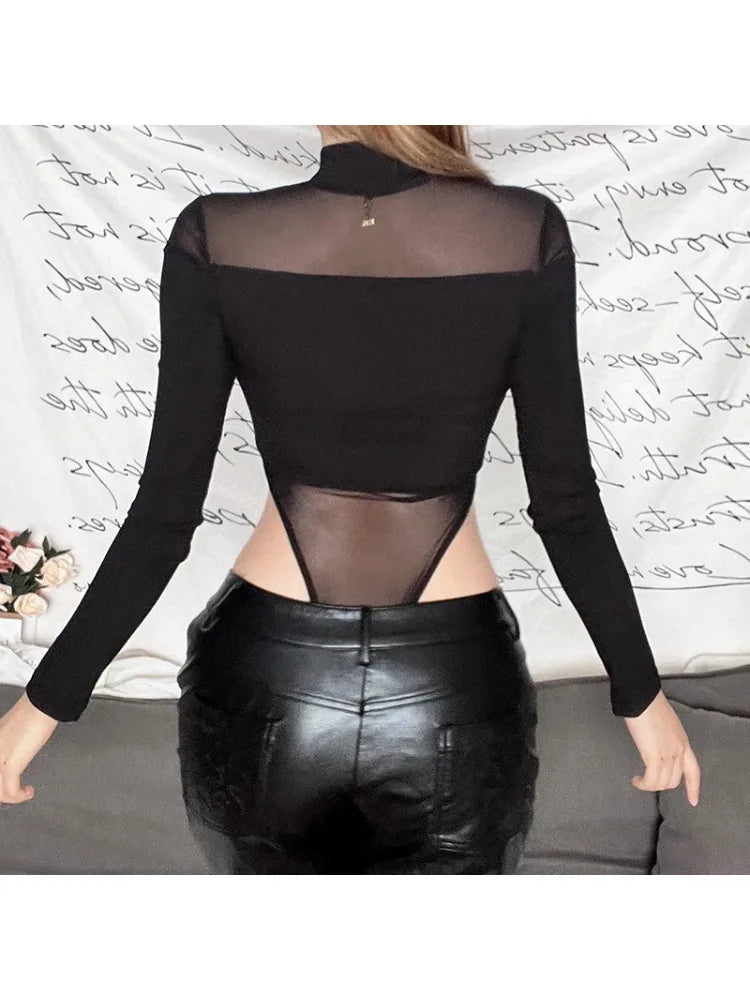 2024 New Dark Y2k Punk Hollow Out Sheer Sexy Bodysuits Cyber Gothic Patchwork Mock Neck Tops Bodycon Female Long Sleeve Bodysuit