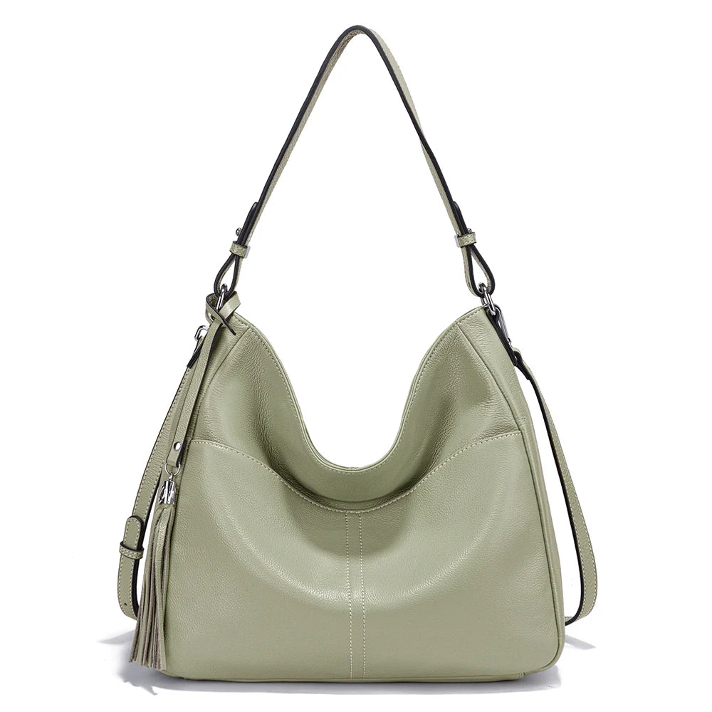 Zency Elegant Beige Tassel Hobo Bag Soft Leather Women's Shoulder Bag 2025 New Handbag Long Strap Crossbody 8 Color Shopper