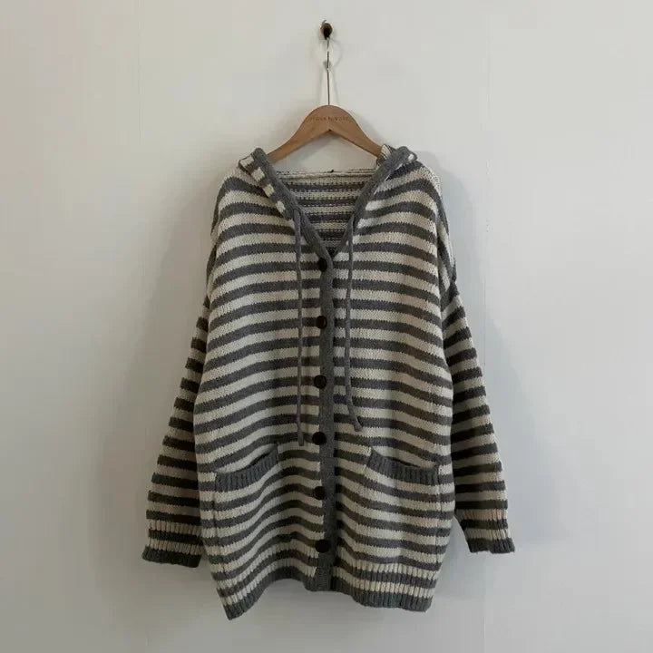 Fall Retro Women's Knitted Sweater Coat Faionable Striped Lazy Sle Hood Single Button Zipper Design Sense Top Warmth
