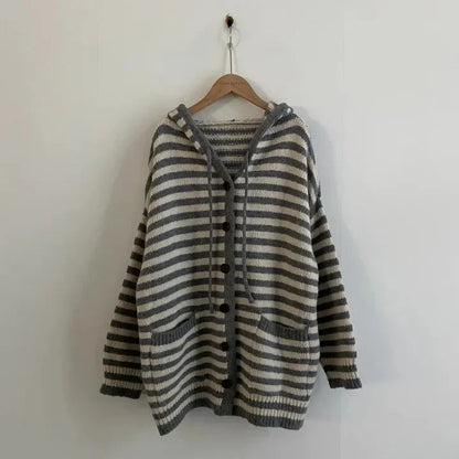 Fall Retro Women's Knitted Sweater Coat Faionable Striped Lazy Sle Hood Single Button Zipper Design Sense Top Warmth