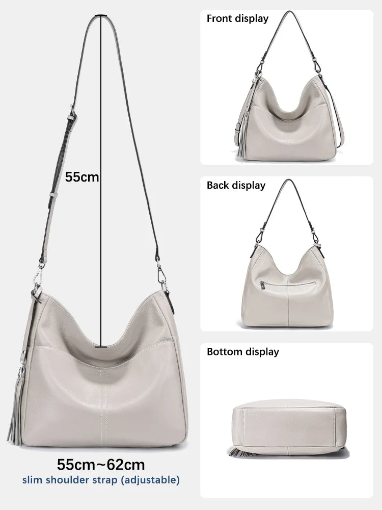 Zency Elegant Beige Tassel Hobo Bag Soft Leather Women's Shoulder Bag 2025 New Handbag Long Strap Crossbody 8 Color Shopper