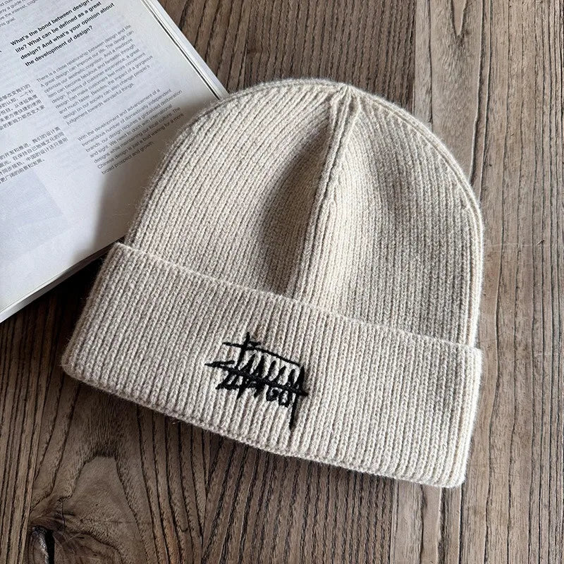 Embroidered Letter Beanie - Soft Warm Knit Hat for Men & Women, Stretchable Slouchy Cap for Casual & Travel