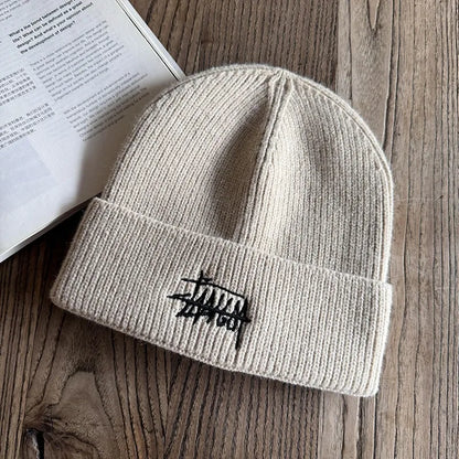 Embroidered Letter Beanie - Soft Warm Knit Hat for Men & Women, Stretchable Slouchy Cap for Casual & Travel