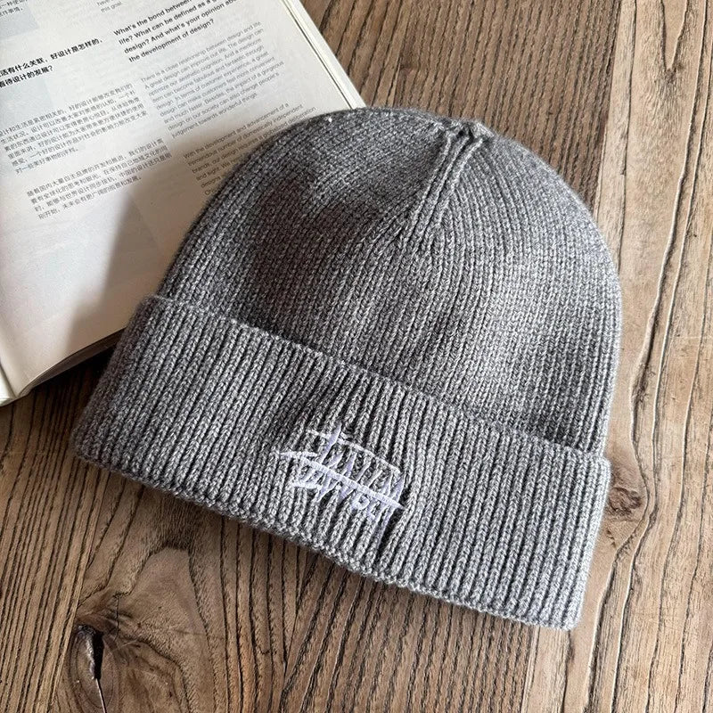 Embroidered Letter Beanie - Soft Warm Knit Hat for Men & Women, Stretchable Slouchy Cap for Casual & Travel