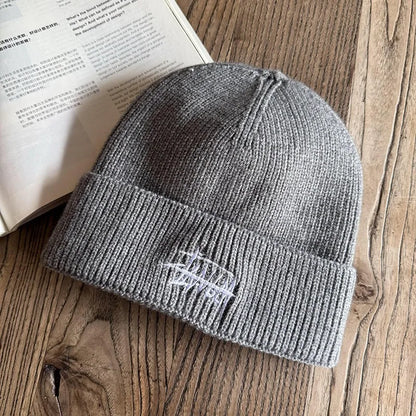 Embroidered Letter Beanie - Soft Warm Knit Hat for Men & Women, Stretchable Slouchy Cap for Casual & Travel