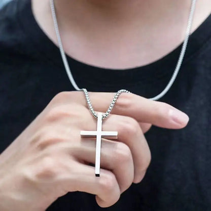 Hip Hop Trend Cross Pendant Necklace for Men Simple Punk Silver Color Titanium Steel Chain Versatile Street Jewelry Accessories