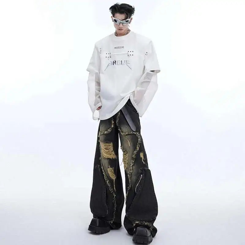 LUZHEN Fashion New Original Gauze Splicing Design Long Sleeve T Shirts Men's 2025 Trendy Niche High Quality Casual Tops LZ3975