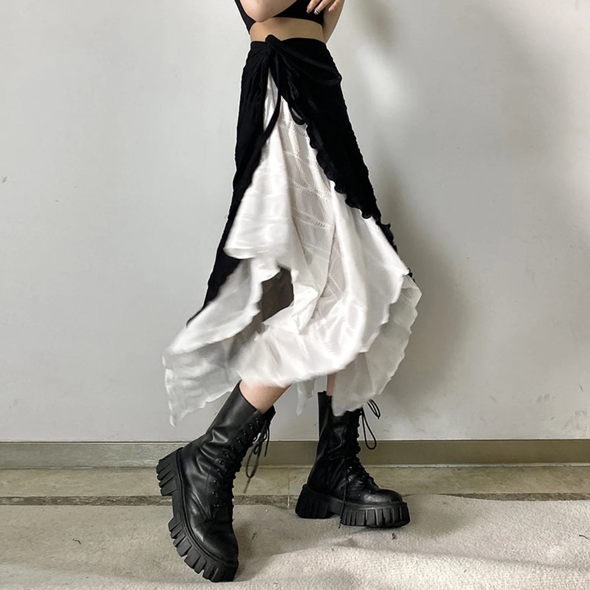 Y2k Mid-Long Skirts Irregular Spliced Streetwear Vintage Design Black White Contrasting High Waisted Asymmetrical Mesh Long Skir