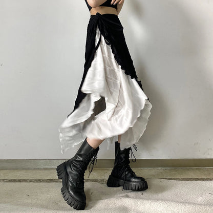 Y2k Mid-Long Skirts Irregular Spliced Streetwear Vintage Design Black White Contrasting High Waisted Asymmetrical Mesh Long Skir