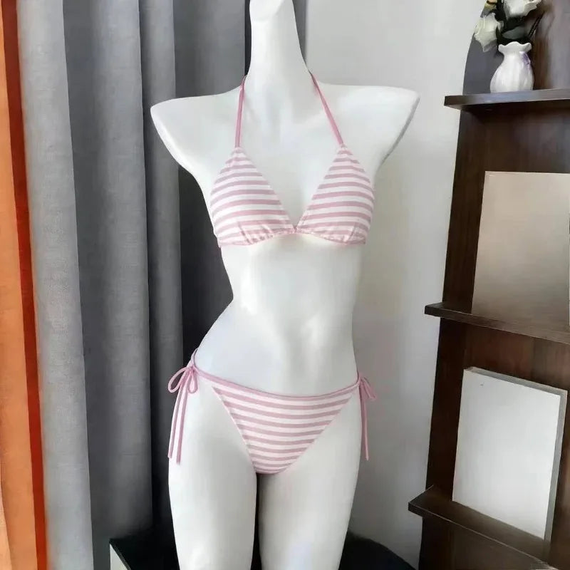 Y2K Korean Cute Two Piece Swimsuit Women Print Ruffle Halter Bikini with Mini Skirt Beach Vacation
