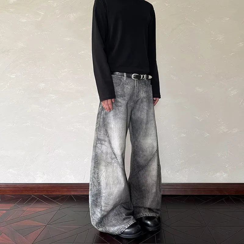 Spring And Autumn Vintage Smoke Grey Curved Knife Jeans For Men Casual Loose Straight Leg Pants Flared Pants Pants