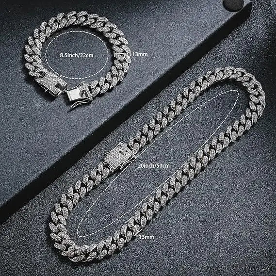 Mens 13MM Cuban Link Chain Necklace & Bracelet Set Silver Miami Hip Hop Jewelry Bling Diamond Choker for Men And Women