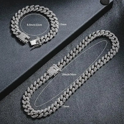 Mens 13MM Cuban Link Chain Necklace & Bracelet Set Silver Miami Hip Hop Jewelry Bling Diamond Choker for Men And Women