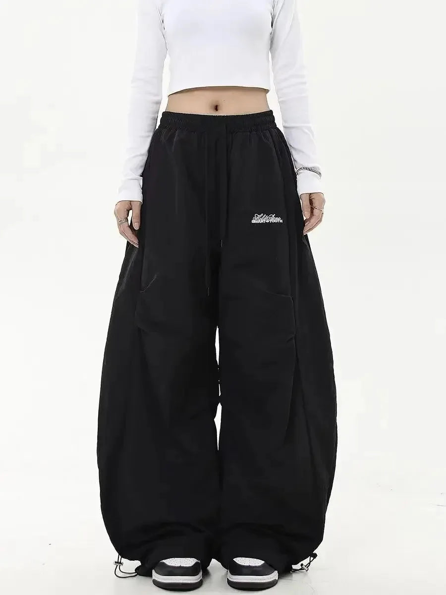 Women Casual Joggers Tech Pants Solid Low Waist Pants Drawstring Wide Leg Baggy Trousers Y2k Streetwear Oversize Sweatpants