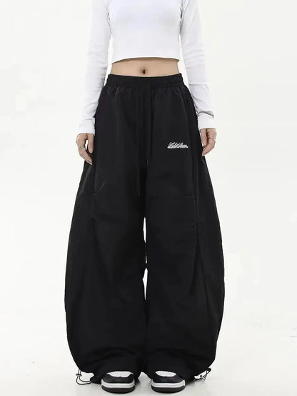 Women Casual Joggers Tech Pants Solid Low Waist Pants Drawstring Wide Leg Baggy Trousers Y2k Streetwear Oversize Sweatpants