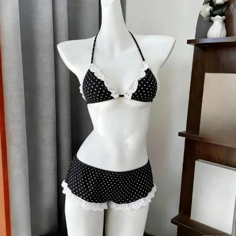 Y2K Korean Cute Two Piece Swimsuit Women Print Ruffle Halter Bikini with Mini Skirt Beach Vacation