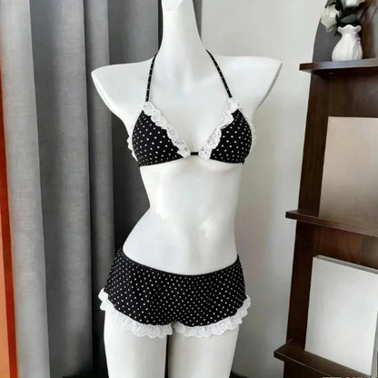 Y2K Korean Cute Two Piece Swimsuit Women Print Ruffle Halter Bikini with Mini Skirt Beach Vacation