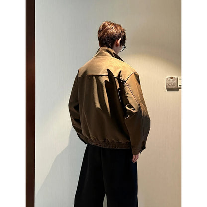 Hot jacker Men's Spring Stand Collar Motorcycle Jacket Fashionable Splicing Design Trendy Outerwear for Men