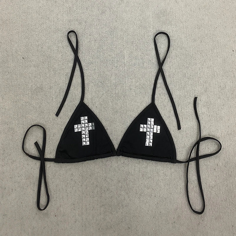 Y2K Dark Retro Personality Fashion Cross Pattern Beach Wind Hot Girl Rivet Metal Decoration Hanging Neck Sexy Bikini.