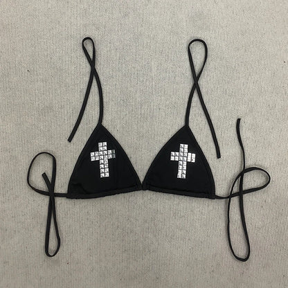 Y2K Dark Retro Personality Fashion Cross Pattern Beach Wind Hot Girl Rivet Metal Decoration Hanging Neck Sexy Bikini.