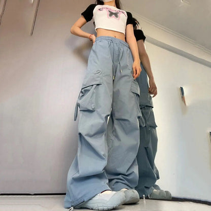 Women Y2K Cargo Pants High Waist Streetwear Hip Hop Trousers Female Big Pockets Casual Low Waist Drawstring Baggy Sweatpants